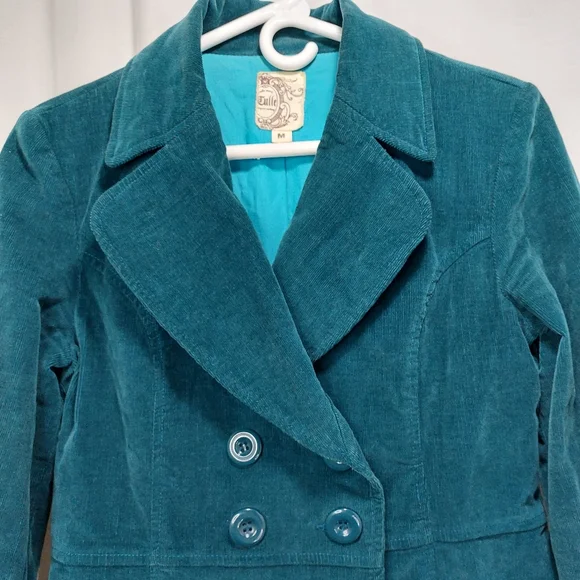 Tulle Teal Blue Corduroy Blazer Jacket Sz Medium Double Breasted Balloon Sleeves - Picture 3 of 4